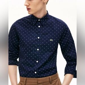 Men’s Lacoste Poplin polka dots navy slim fit shirt size 16.5